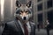 Portrait of a wolf in a business suit on the street between houses in a metropolis. Business concept, Generative AI