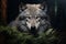 Portrait of a wolf in the dark forest. Ai generated