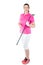 Portrait of a woman golfer in full length with the equipment