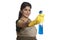 Portrait of a woman holding cleaning fluid
