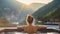 Portrait of woman at hot tub during enjoying traveling moment vacation, against the background of green big mountains. Generative