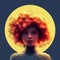 Portrait of woman. Low poly tribal, african, mystic girl with red curly hair in moon light, night, fashion portrait of young woman