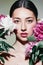 portrait woman pink model girl flower blush beauty face concept make-up