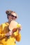 portrait woman player pickleball game, pickleball yellow ball with paddle, outdoor sport leisure activity.