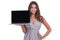 Portrait, woman and presentation of laptop screen in studio for deal, offer and sign up to newsletter on white