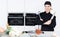 Portrait of the woman proffesional who is posing with devices in the kitchen