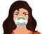 Portrait woman protecting herself with medical mask with text - coronavirus stop - Banner blue copy space. CommunicationsPortrait