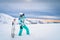 Portrait of a woman skier looking ahead on ski piste in snowy Pyrenees Mountains, Andorra