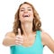 Portrait, woman and smile in studio for thumbs up, success of deal and winning bonus promotion on white background