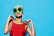 Portrait woman trendy sunglasses smile fashion beauty swimsuit