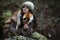 Portrait of a woman wearing fur hat and fox fur pelt on her shoulders.Shot in forest surroundings.