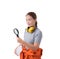 Portrait of a woman worker in Mechanic Jumpsuit hand holding Magnifying glass isolated on white background