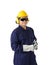 Portrait of a worker in Mechanic Jumpsuit is holding a wrench with helmet, earmuffs, Protective gloves and Safety goggles isolated