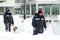 Portrait of workers at the construction site near the ice blocks