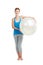 Portrait, workout and woman with fitness ball for wellness and health isolated against a studio white background