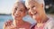 Portrait, yoga and senior women on the beach together as friends for a mental health workout by the ocean. Fitness