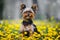 Portrait of Yorkie, Yorkshire Terrier puppy, smiling and looking up at camera in field of dandelion