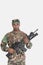 Portrait of young African American US Marine Corps soldier with M4 assault rifle over gray background