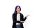 Portrait of young Asian LGBTQ freelance designer businesswoman in formal cloth with dyed blue hair presenting with hand gesture