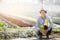 Portrait young asian man smiling harvest and picking up fresh organic vegetable kitchen garden in basket in the hydroponic farm