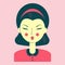 Portrait of a young Asian woman, avatar pink color, face narrow eyes, neat hairstyle, retro style clothes, vector illustration