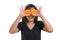 Portrait of young Asian woman wear black shirt. holding orange slices in front of her eyes and smile isolated on white background.