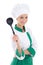 Portrait of young attractive woman chef with big plastic spoon