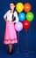 Portrait of a young attractive woman near many bright balloons