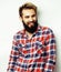Portrait of young bearded hipster guy smiling on white background close up, brutal modern man