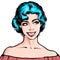 Portrait of a young beatiful woman with short blue hair and attractive smile illustration in pop art retro comic style