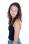 Portrait of young beautiful caucasian teenage girl in black t-shirt cheerfull smiling looking at camera in studio photo isolated