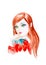 Portrait of a young beautiful girl with red long hair and big green eyes close-up. Holding red tulips. Watercolor illustration