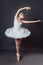 Portrait of young beautiful graceful caucasian ballerina practice ballet positions in tutu skirt of white swan from Swan Lake.