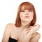 Portrait of young beautiful redheaded woman hoolding hand near h