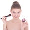 Portrait of young beautiful woman with make up brush and rouge o