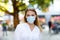 Portrait of young beautiful woman wearing medical mask as protection against corona virus. Covid pandemic time in Europe