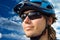 Portrait of a young biker in helmet and glasses