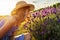 Portrait of young blonde girl in the colour dress in the field of lavander