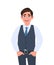 Portrait of young businessman standing with hands in pockets. Person in formal  waistcoat. Male character design illustration.