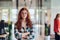 A portrait of a young businesswoman with modern orange hair captures her poised presence in a hallway of a contemporary