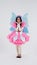 Portrait of a young cute girl in a beautiful costume of a magic fairy isolated on a white background. Bright colorful character
