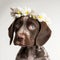 portrait of a young english pointer dog with flowers on the head