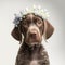 portrait of a young english pointer dog with flowers on the head