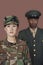 Portrait of young female US Marine Corps soldier with male officer in background
