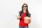 Portrait of young funny pretty woman in 3d glasses, casual clothes watching movie film, holding bucket of popcorn