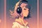 Portrait of a young girl in headphones listening to music, anime style. Generative ai