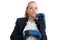 Portrait of a young girl in a serious boxing gloves is isolated on a white background