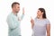 Portrait of young happy couple showing oath gesture