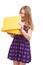 Portrait of young happy teen opening yellow box