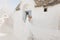 Portrait of young joyful woman bride with flying bridal veil, standing near old white stone house trullo in sunny Italy.